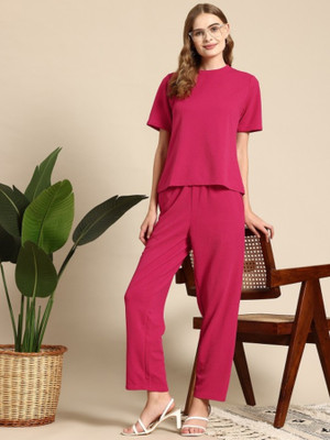 VJ FASHION Women Solid Pink Night Suit Set