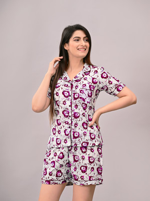 PRIMZ Women Printed Purple Night Suit Set