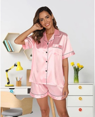 Vd hub Women Solid Pink Night Suit Set