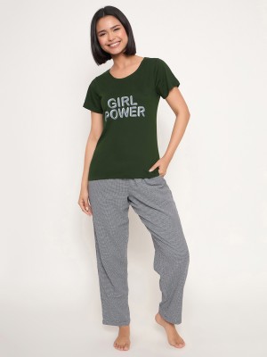 Clovia Women Graphic Print Green, Black Top & Pyjama Set