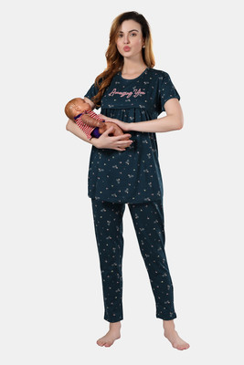 Fabme Women Printed Dark Green Top & Pyjama Set