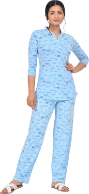 Digsel Cool Cotton Women Printed Light Blue Top & Pyjama Set