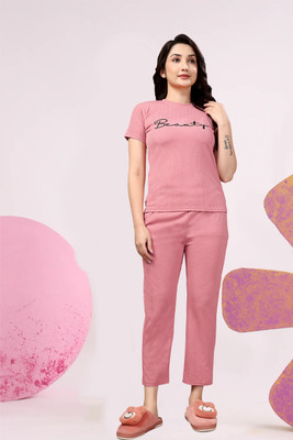 ZEEMBOOLI Women Printed Pink Top & Pyjama Set