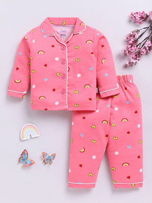 YK X Tinyo Baby Girls Printed Pink Night Suit Set