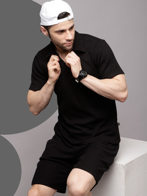 METRONAUT Men Solid Black Night Suit Set