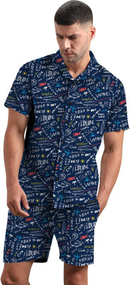 SAADIWALA Men Printed Blue, White Night Suit Set