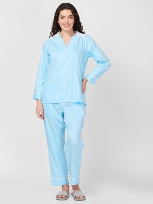 DESI BELLE Women Solid Light Blue Night Suit Set