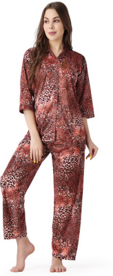 Cotovia Women Animal Print Maroon Shirt & Pyjama set