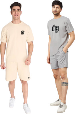 ROYAL SCOUT Men Solid, Printed Beige, Grey Top & Shorts Set