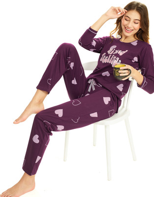 LOTIK Women Printed Purple Top & Pyjama Set