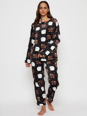 Camey Women Printed Black Top & Pyjama Set