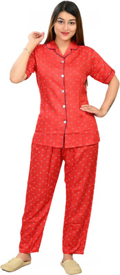 Kripto Katrox Women Self Design Red Shirt & Pyjama set
