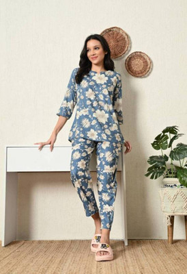 Soor Panchi Women Floral Print Light Blue, Beige Night Suit Set