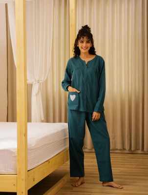 luckyfashion Women Solid Blue Night Suit Set