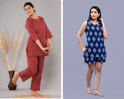 hustle bustle Women Printed Red Night Suit Set