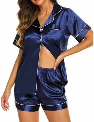 Vd hub Women Solid Dark Blue Night Suit Set