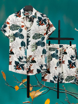 THEBROSSCO Men Floral Print Light Green Top & Shorts Set