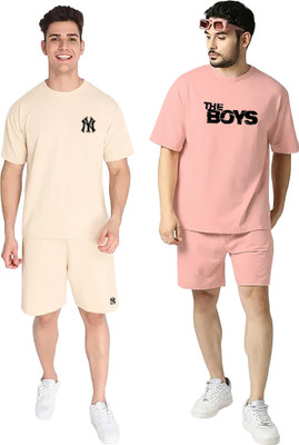 Fifth U Men Printed Beige, Pink Top & Shorts Set