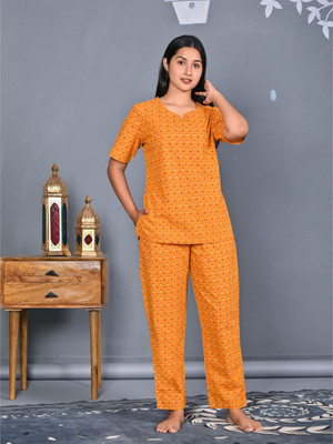 GORDHAN Women Printed Yellow Top & Pyjama Set