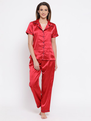 Clovia Women Solid Red Top & Pyjama Set
