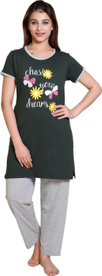 E-MAX Women Printed, Solid Multicolor Top & Pyjama Set