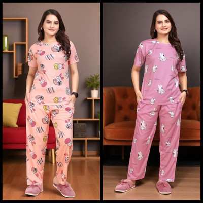 FASHION GREAB Women Printed Pink Top & Pyjama Set