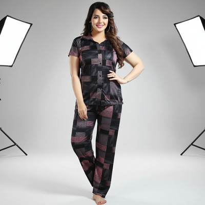 Sleepify Women Abstract, Printed Pink Top & Pyjama Set