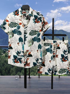 SHIVFORYOU Men Printed Light Green Top & Shorts Set