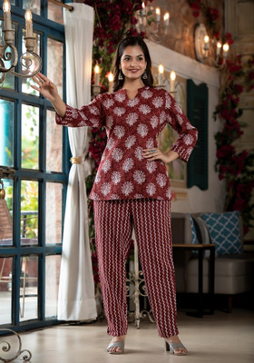 DreamBe Women Printed Maroon Night Suit Set