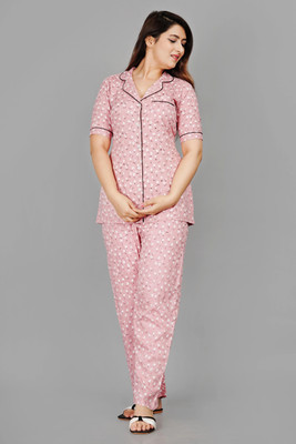 MintMarie Women Geometric Print Pink Night Suit Set