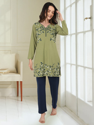 Duchess Women Printed Dark Green Night Suit Set