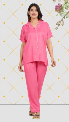 AANIA Women Solid Pink Shirt & Pyjama set