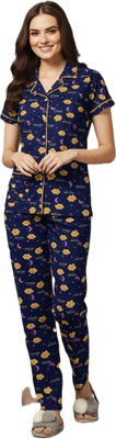 Radicle Women Graphic Print Dark Blue Shirt & Pyjama set