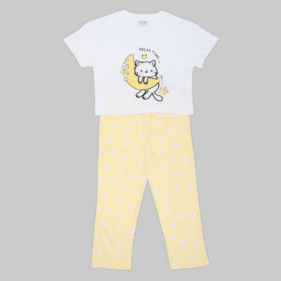 Pantaloons Junior Girls Solid Yellow Night Suit Set