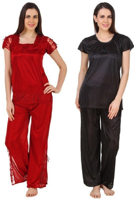 Boosah Women Solid Maroon, Black Top & Pyjama Set