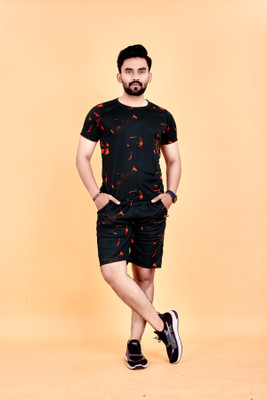 Qosha Men Printed Black Night Suit Set