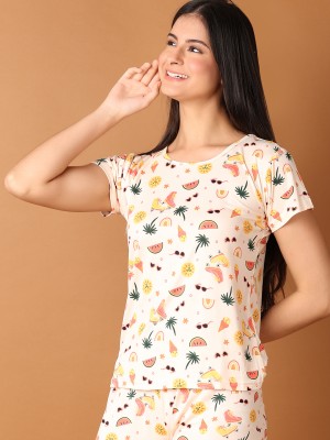 V-MART Women Printed Beige Top & Capri Set