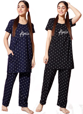 Fit N Fame Women Printed Blue Shirt & Pyjama set