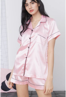 Vd hub Women Solid Pink Night Suit Set