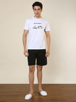 SLEEPZ BY RAYMOND Men Printed White, Black Top & Shorts Set