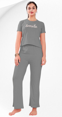 nityatrends Women Printed, Solid Grey Night Suit Set