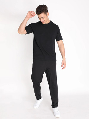 CHKOKKO Men Solid Black Top & Pyjama Set