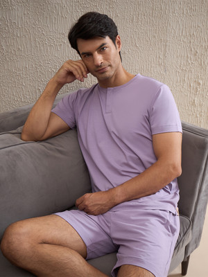 SWEET DREAMS Men Solid Purple Top & Shorts Set