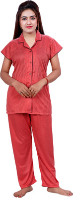 NACNO Women Polka Print Red Shirt & Pyjama set