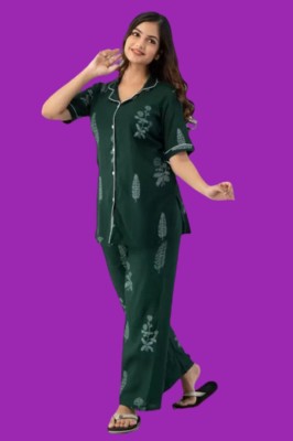 Vjigiojb Women Printed Dark Green Night Suit Set