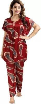 AELY SHINE Women Printed Maroon Night Suit Set