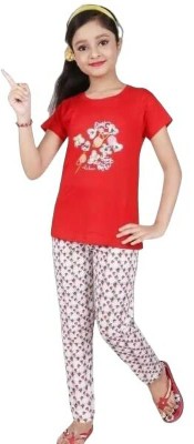 INDHRANI TEXTILE Girls Graphic Print Red Top & Pyjama Set