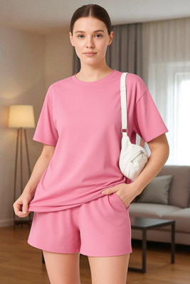 Elvia Women Solid Pink Night Suit Set