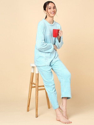 Lugo Women Solid Blue Night Suit Set