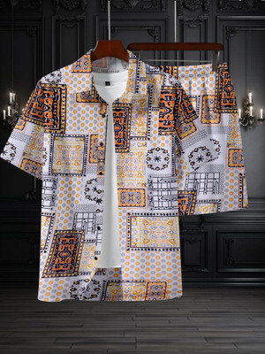 SEVENTEENSTITCH Men Printed White Night Suit Set